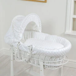 4Baby Luxury Padded White Wicker Baby Moses Basket - White Dimple